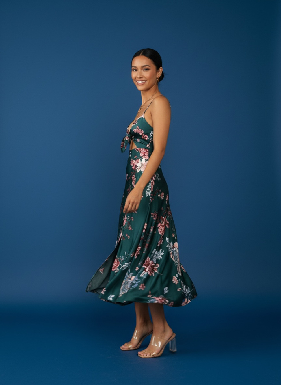 Spaghetti Strap Satin Dress Dark Green